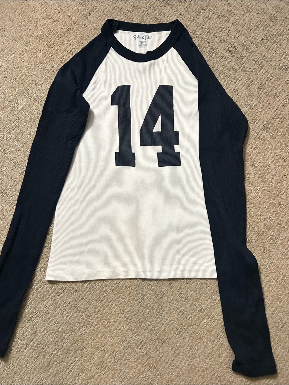 Brandy Melville White and Black Raglan '14' Long-Sleeve Tee